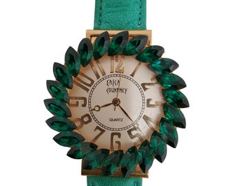 Vintage Erica Courtney Green Swarovski Crystal Embellished Watch with Original Gold Stamped Velveteen Pouch