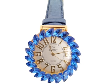 Vintage Erica Courtney Sapphire Blue Crystal Embellished Watch with Original Gold Stamped Velveteen Pouch, Rhinestone watch