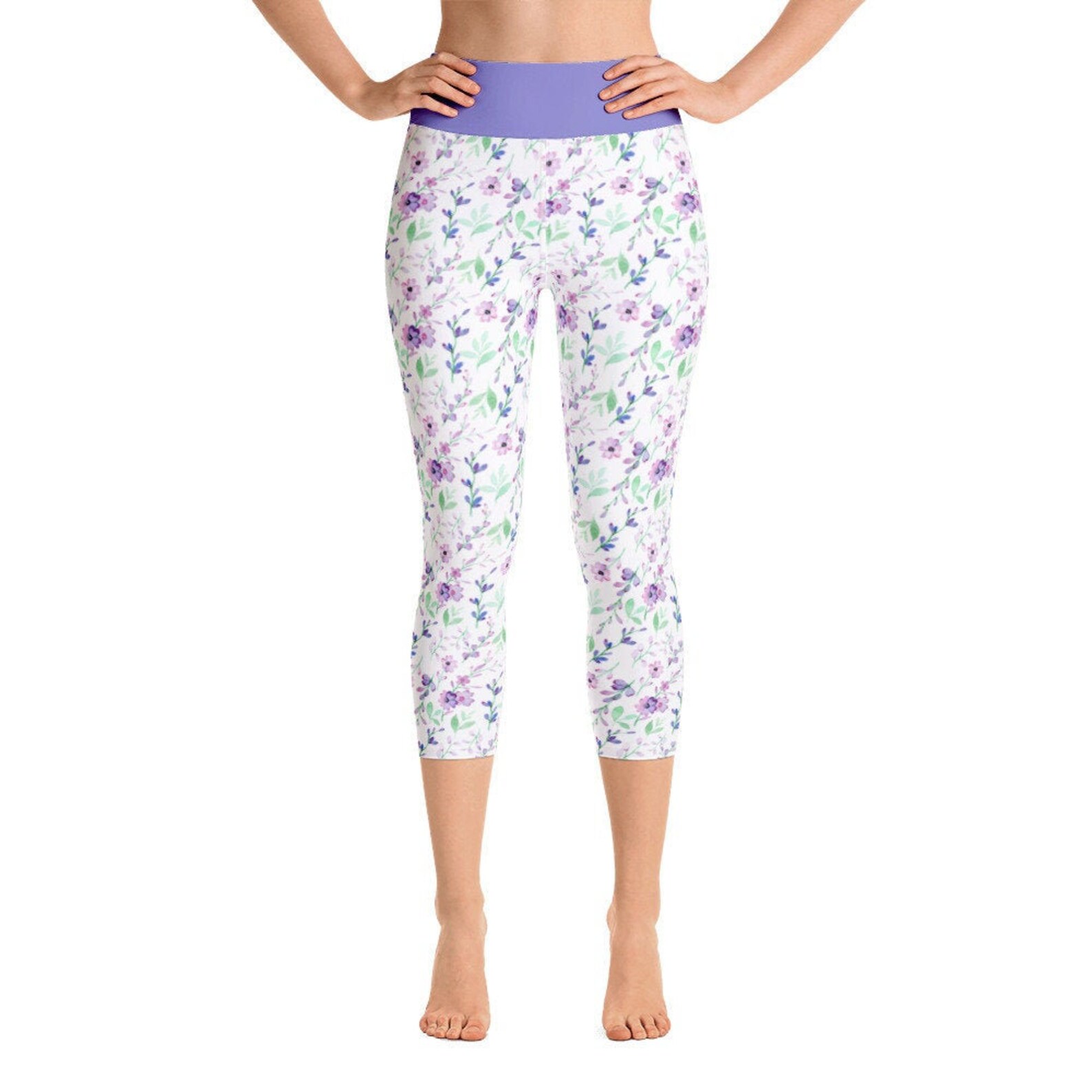 Floral Yoga Capri Leggings With Purple Waistband Women's Etsy UK