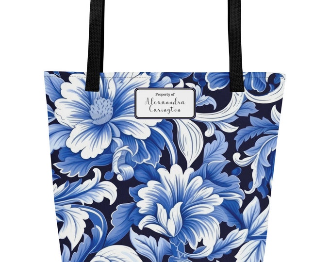 Featured listing image: Large Tote Bag with Blue Porcelain Print, All-Over Print, Personalized Tag,  Teacher Gift, Client Gift, Gift for Her, Birthday Gift