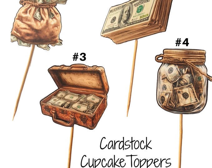 Featured listing image: Money Cupcake Toppers,  4 styles, All Occasion, Motivational, Symbols of Prosperity and Wealth, Food Garnish, Cocktail Garnish, Gift Wrap