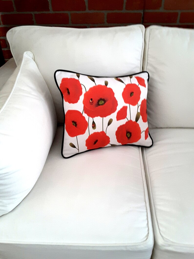 Red Poppy Pillow Cover on White Denim With Black Trim Etsy
