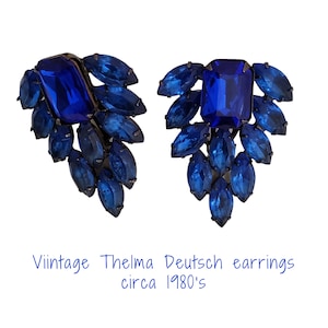 Vintage Sapphire Blue Rhinestone Earrings by Designer Thelma Deutsch , 1980's Costume Jewelry, Gift for Her, Birthday Gift, Vintage Jewelry