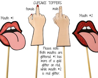 Funny Middle Finger Cupcake Toppers, Glitter Mouths, Mature Party Decorations