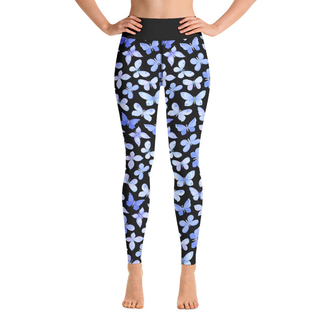 Blue Butterfly Yoga Leggings, Allover Print Women's Leggings, Yoga