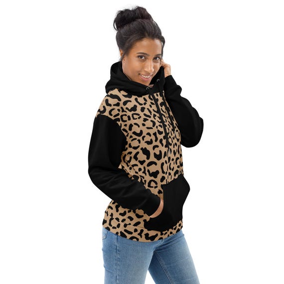 Leopard Print With Black Unisex Hoodie, Recycled Polyester