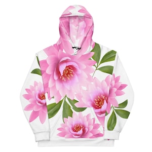 Pink Lotus Flower Unisex Hoodie, 2XS to 3XL, Pink Floral Hoodie, Recycled Polyester, Gift for Her, Gift for Him, Gender-Neutral, Birthday