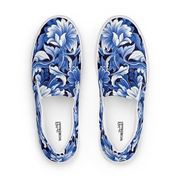 Women’s Slip-on Canvas Shoes with Blue and White Porcelain Design, Ladies Loafers, Deck Shoes, Boat Shoes, Birthday Gift, Gift for Her