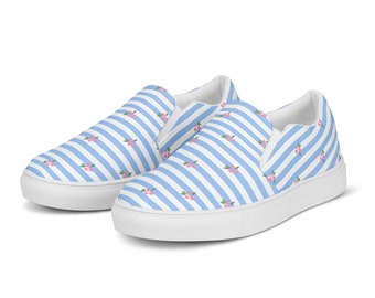 Women’s Slip-on Canvas Shoes with Blue and White Stripes with Pink Flowers, Birthday Gift, Athletic Shoes, Resort Wear, Gift for Her