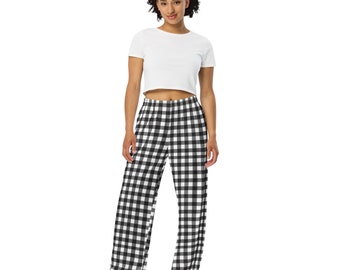 Unisex Wide-leg Oversized Pants with Black and White Plaid All-over Print, 2XS to 6XL, Comfortable Pants, Birthday Gift