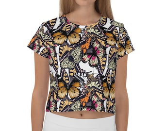 Butterfly Print Crop Top, Women's All-Over Print Tee