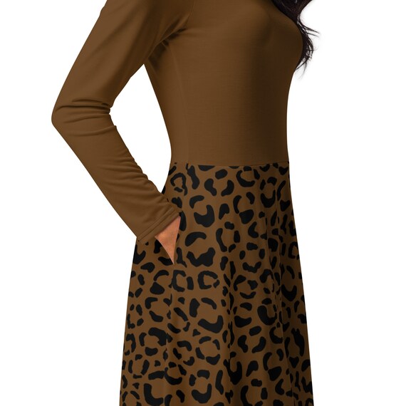 fitted lace wedding dress Camel Animal Print High Neck Long Sleeve Midi Dress – AX Paris main image 0