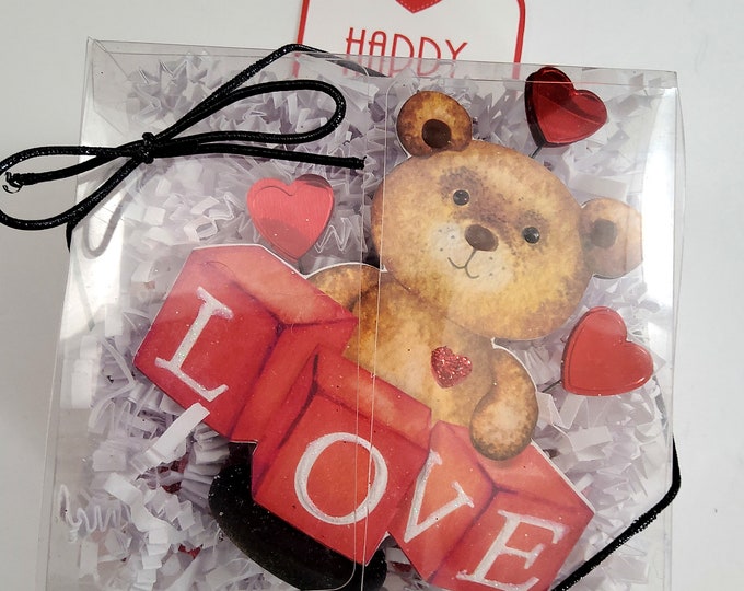 Featured listing image: Valentine's Day Personalized Teddy Bear Greeting Card in a Clear Box with Candy and Balloon