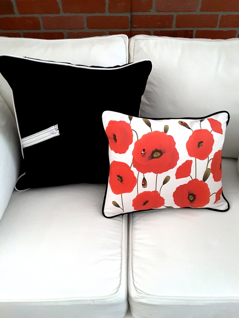 Red Poppy Pillow Cover on White Denim With Black Trim Etsy