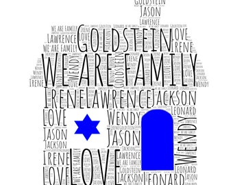 Personalized Digital Hanukkah Art Print, Custom House Made from Words, Personalized Family Hanukkah Gift,  Jewish Family Holiday Home Decor