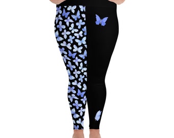Plus Size Butterfly Leggings, Black & Blue Print, Yoga Pants (2XL-6XL)