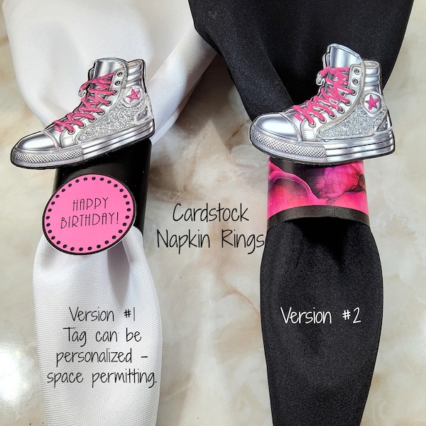 High Top Sneaker Cardstock Napkin Rings, Two Versions, Personalized Tag, Table Setting Decor, Shower, Birthday Party, Black, Silver, Pink