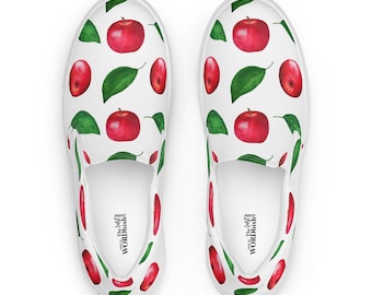 Men’s Slip-on Canvas Shoes with Apple Design, Can Be Personalized, Boat Shoes, Unique Men's Shoes, Comfortable Shoes, Sneakers, Gift for Him