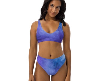 AOP Recycled High-waisted Bikini with Tie Dye Print and Butterfly,  Purple and Blue Tie Dye Two-Piece Bathing Suit, Swimwear, Beach Wear