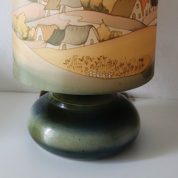 Lampe vintage en gres abat jour soie peinte
