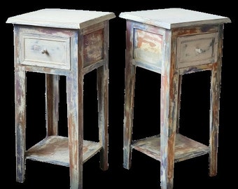 Pair of multicolored patinated bedside tables