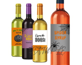 PRINTABLE HALLOWEEN labels, Set of 4 wine labels, Download, Print, Easy, Fun Spooky Labels!