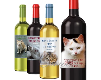 Cat Birthday Wine Labels, set of 4 Funny Cat lover labels, Printable DIY Birthday Fun!