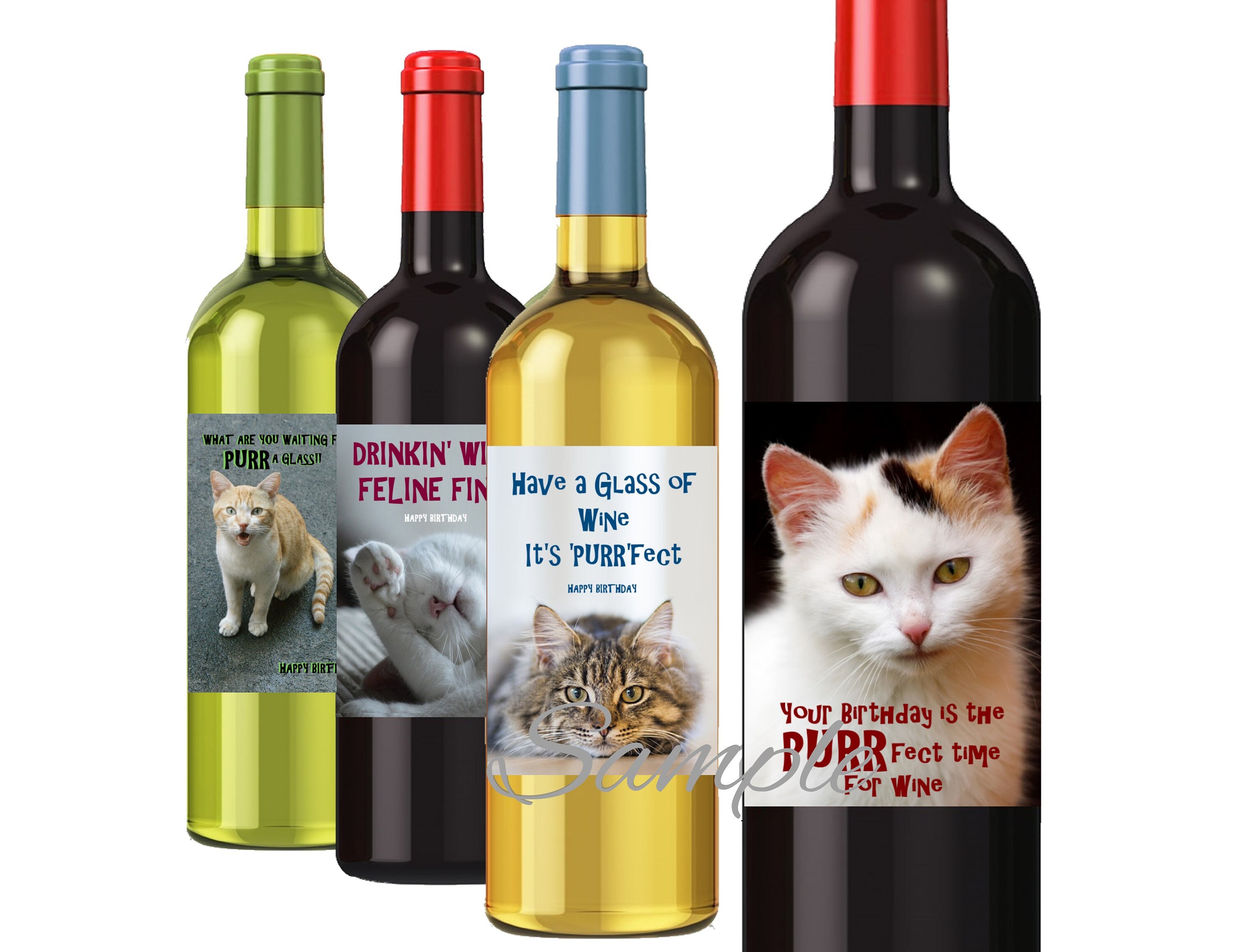 Cat Birthday Wine Labels, Set of 4 Funny Cat Lover Labels, Printable