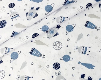 Ruimtekatoen, stof op maat gesneden, luchtstof, raketstof, buitenaardse stof, Galaxy, kinderkamerdecor, jongensstof, astronautenstof