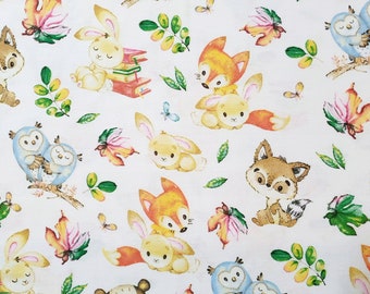 Animals fabric,Cotton fabric by the yard,Baby Fabric,Nursery,embrace,blankets fabric,forest Animals, owl fox deer bunny, Quilting,Quilt