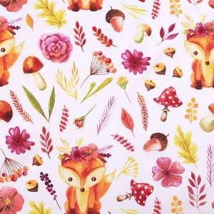 Fox cotton Fabric,foxes in meadow Fabric,flowers fabric,Forest Animals fabric,Baby fabric, forest animals,printed cotton,mushrooms,cone