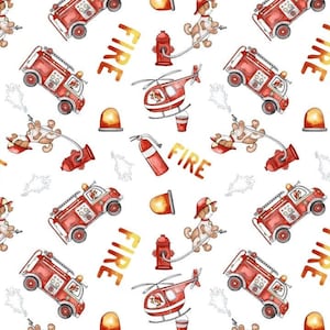 Fire Trucks Fabric by the Yard,cotton Fabric,Fire Trucks Print,fireman fabric,dogs fabric,Boy Fabric,nursery fabric,baby fabric,playroom