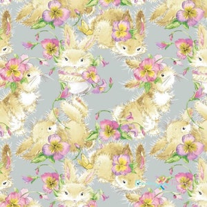 Rabbits Fabric,Bunny Rabbit Fabric,Bunnies and Flowers Fabric,Fabric by the Yard,Spring Fabric,Cotton Fabric,baby fabric,nursery fabric