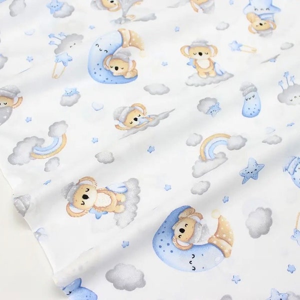 Koala cotton fabric by the yard, baby fabric, Australian animals fabric, nursery fabric, eucalyptus fabric, moon and star fabric, clouds