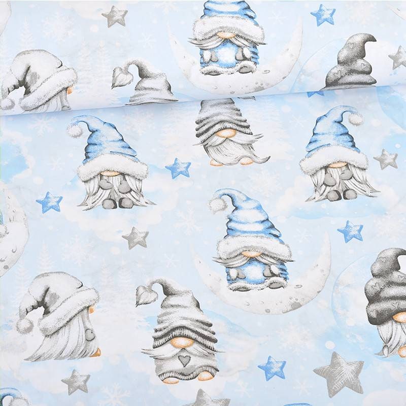 Christmas Fabric by the Yard, Gnomes Fabric,christmas Gnomes  Fabric,christmas Fabric,christmas Material, Stars and Moon, Blue Gray 