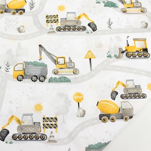 Tela de algodón con diseño de camiones de construcción, tela de construcción cortada a medida, tela para guardería, tela para bebé, tela de camiones, tela para vehículos de construcción