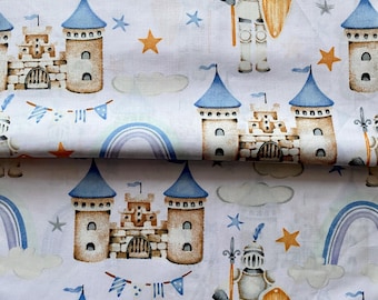 Kinderstoff Burg, Baumwolle Ritter Prinz,stoff,Jungenstoff,Quiltstoff,Baumwollstoff,Ritterstoff,Prinz