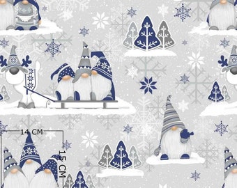Cotton Fabric By The Yard, Christmas Gnomes Fabric, Christmas Fabric,Happy Holidays,Christmas Material, Christmas deer,  snowflakes, blue