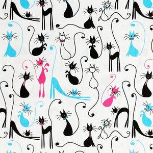 Cats cotton fabric,Cat Fabric by the YARD, Printed cotton,Baby fabric,Meow fabric,Quilting fabric,modern cats,blue pink black cats,March cat
