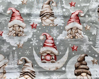 Tela de algodón con gnomos navideños, cortada a medida, por metro o medio metro. Tela con gnomos lunares.