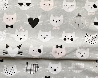 Cat Print Cotton Fabric, Pink Gray, Nursery Quilting Fabric