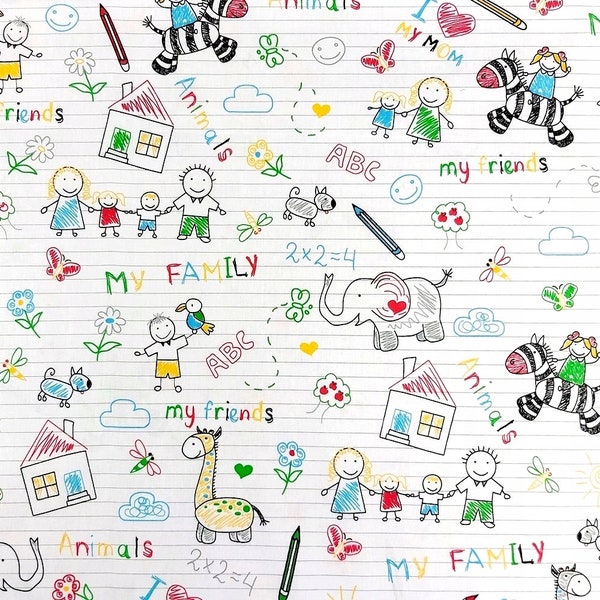 Cotton Fabric,Children Drawing,Fabric by the Yard,Quilting Fabric,Children Fabric,Baby fabric,Drawing print,Kids.craft,family drawing