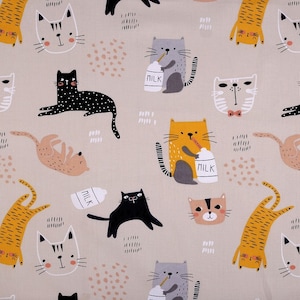 Cat cotton fabric by the yard,  cats fabric, beige fabric,  meter,  cats print, pets fabric, animals fabric, quilting, organic, nursery