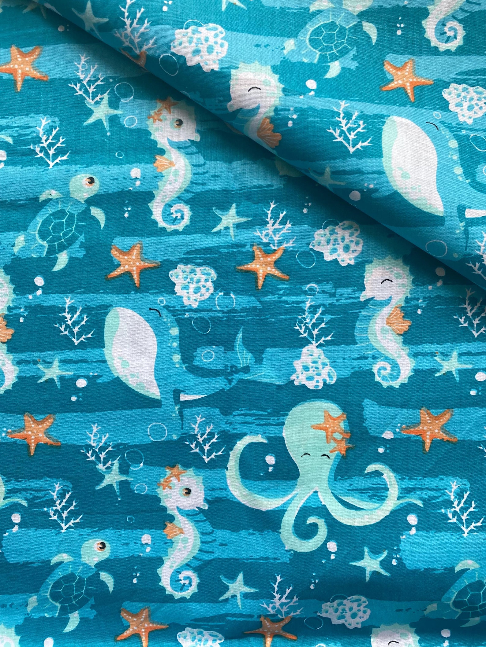 Sea Animals Fabric, Sea Horses Fabric, Whale, Octopus, Cotton Fabric