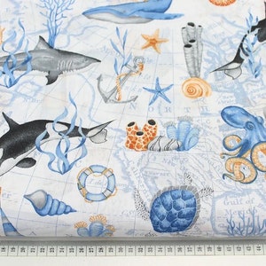 Seetiere Karte Baumwolle Stoff, Meere und marine Weltkarte , Fischstoff , Stoff Meterware, Meerestiere , Unterwasserwelt, Meereskultur , Baby