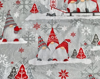 Tela de algodón navideña, tela de gnomos, felices fiestas, material navideño, tela de gnomos