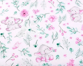 Elephant Fabric,Elephant Fabric by the Yard,Baby Girl Fabric, flowers Fabric,Organic Fabric,Tropical Fabric,Nursery Fabric,baby quilt fabric