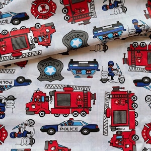 Feuerwehrautos Polizei Baumwollstoff, Quilting Stoff, Jungen ,Kinderzimmer, Stoff lose Lagerware, feuer endend