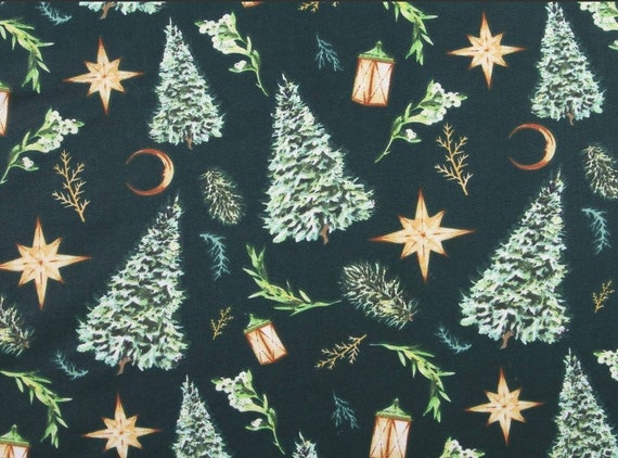 Christmas Cotton Fabric by the Yard, Moon Stars Christmas Tree