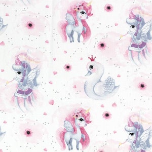 Unicorn Cotton Fabric by the Yard,Swan Fabric,Unicorn Fabric,Baby Fabric,Girl Fabric,Nursery Fabric,Gray,Pink,Cartoon Fabric,organic fabric